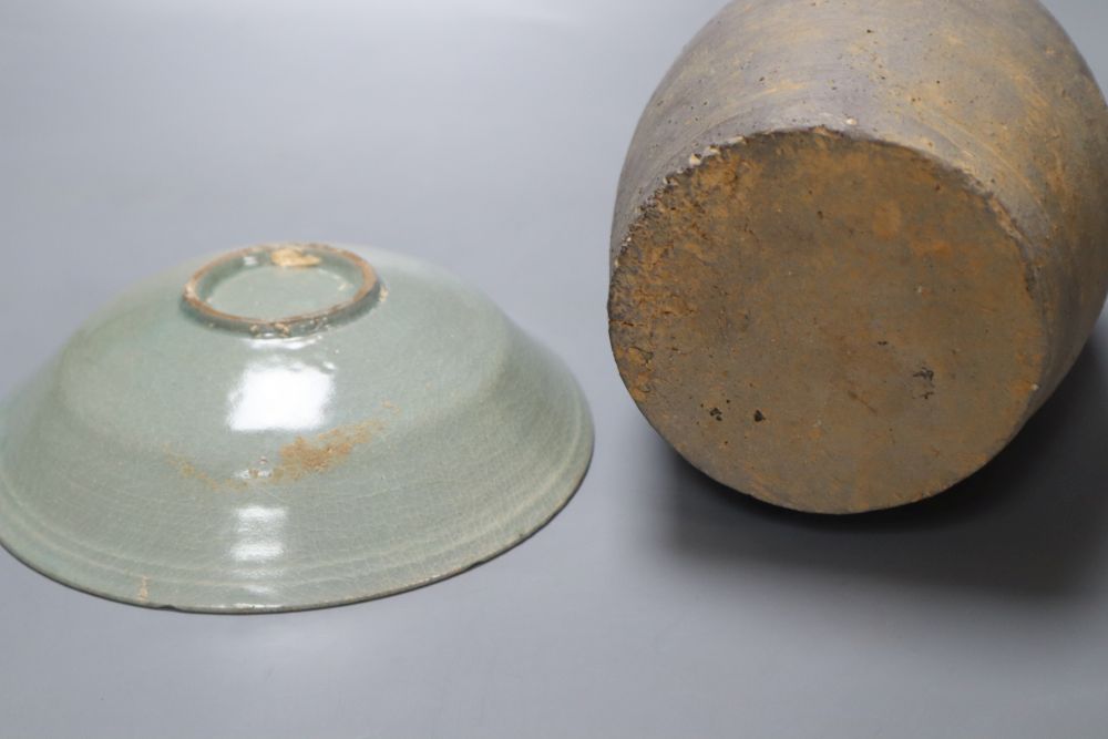 A Korean celadon saucer dish, Goryeo dynasty, 17cm and a Korean stoneware bottle vase, 23cm